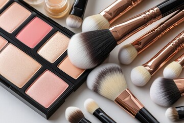 This graphic layout shows various makeup brushes, beauty palettes, and tools arranged neatly
