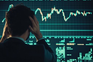 Man holding head in distress while looking at falling stock market chart during market crash