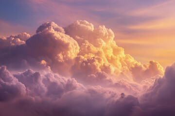 Soft golden hues illuminating fluffy cumulus clouds at sunset, creating a serene and dreamy sky filled with warm pastel colors and gentle light contrasts