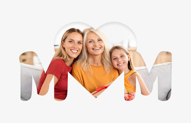 A heart-shaped collage showcases three generations of women enjoying each other's company. They smile joyfully while sitting together in a cozy living space, emphasizing family bonds.