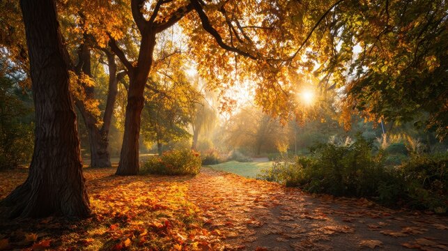 Sunlight shines through trees in a park during autumn. Fallen leaves cover the ground. The scene captures the beauty of nature. It is a quiet moment in the early morning light.