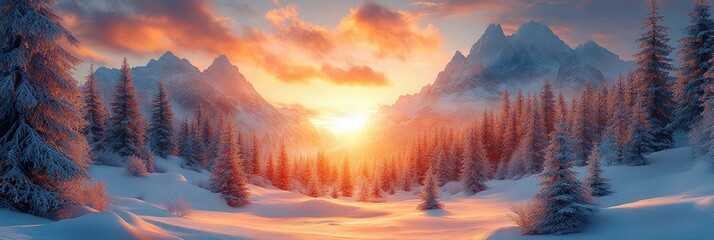 Winter landscape at sunset with mountains and trees in a snowy field