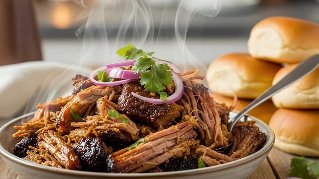A captivating close-up shot showcases a generously portioned bowl of steaming, tender pulled meat, masterfully shredded and garnished with vibrant rings of red onion and fresh green cilantro. Wisps of