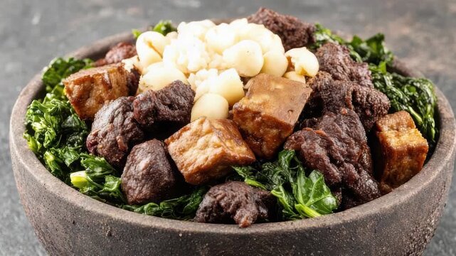 Peruvian bowl of pork, fried pork and pork rind with fried tofu, kale and corn kernels