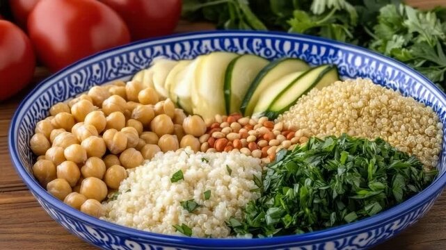 Chickpea quinoa grain bowl with fresh herb zucchini slices and lentil garnish for healthy grain