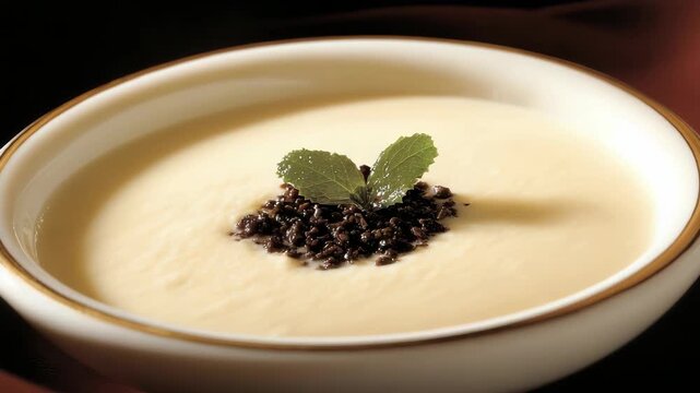 Creamy vanilla pudding with chocolate crumble, fresh mint garnish dessert creamy chocolate mint