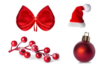 New Year's toys, a red bow and a Santa Claus hat.