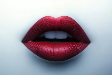 Bright red lips showing teeth against a light background during a makeup session