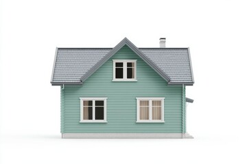 Green house with triangular roof and windows on a white background