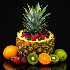 Salade de fruits d&eacute;pos&eacute;e dans un ananas et isol&eacute;e sur fond noir. Generated Image.