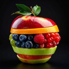 Pomme rouge contenant des fruits vari&eacute;s et isol&eacute;e sur fond noir. Generated Image. 