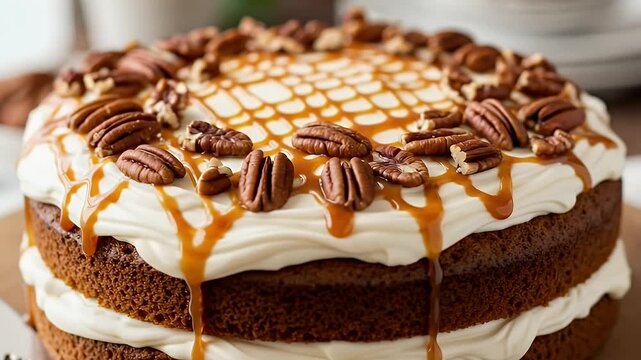 A close-up, delectable view of a beautifully frosted layer cake, generously adorned with whole pecan halves and intricate caramel drizzles. The rich, creamy frosting cascades down the sides of the moi