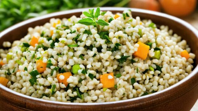 Pearled couscous salad herb parsley carrot pea salad with diced vegetables fresh vibrant summer