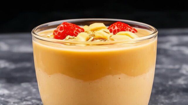 Creamy mango pudding dessert glass with strawberry slices, creamy peanut pudding parfait