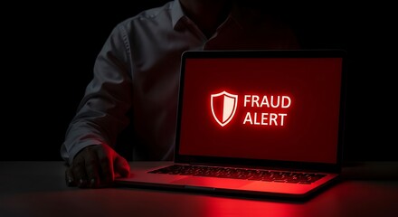 Cybersecurity Alert - Laptop Screen Displays Fraud Warning with Shield Icon.