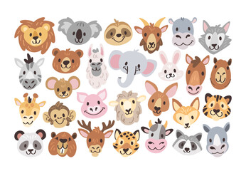 Cute hand drawn animals avatars set featuring range of funny and whimsical facial expressions