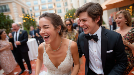 Faceless young bride and groom dancing together on red tiled floor surrounded by multinational group of wedding guests celebrating during lively indoor reception, with copy space