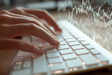 Hands typing on a keyboard with futuristic financial graph overlays representing data analysis and digital stock market trends on a wooden desk surface
