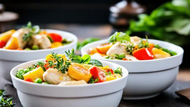 Fresh chicken vegetable bowl with thyme basil herbs vibrant colors and motion