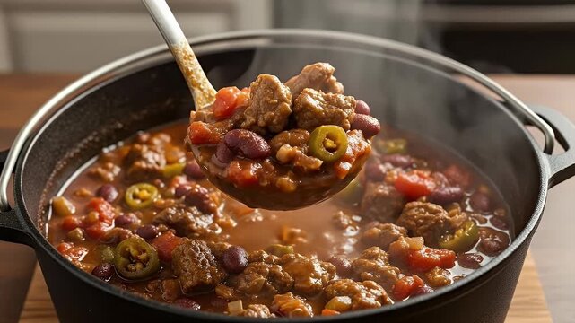 A close-up shot captures a large ladle generously scooping rich, steaming stew from a rustic dark pot. The flavorful concoction is brimming with succulent chunks of savory meat, vibrant red beans, dic