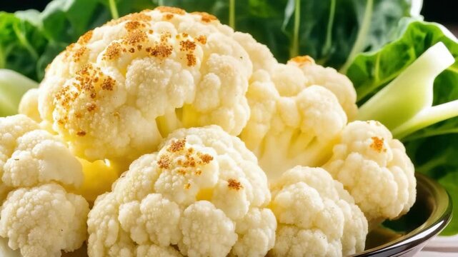Creamy roasted cauliflower head with leafy white stems and fresh vegetable leaf stem florets
