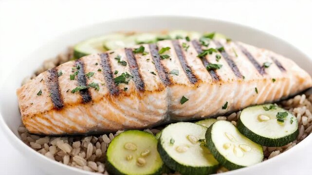 Salmon grilled salmon brown rice zucchini squash parsley. grilled salmon fillet brown rice with