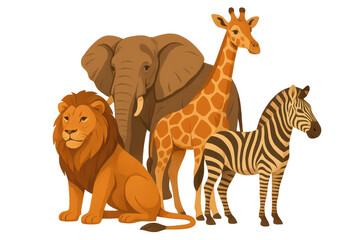Fototapeta premium Safari animals, lion, elephant, zebra transparent background artwork.