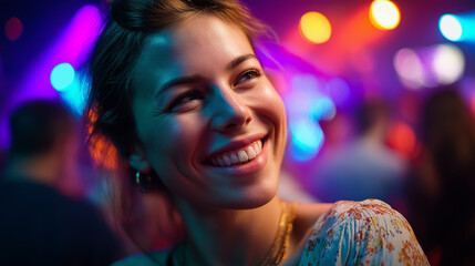 Nightclub portrait of happy faceless woman dancing at party birthday celebration or social event on weekend, friends reunion dark rave and people on dance floor together, with copy