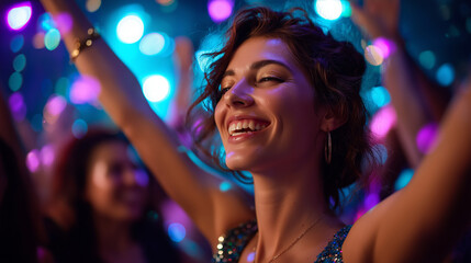 Nightclub portrait of happy faceless woman dancing at party birthday celebration or social event on weekend, friends reunion dark rave and people on dance floor together, with copy