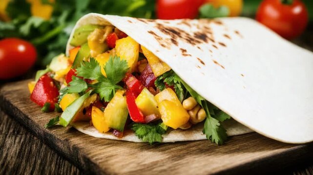Colorful vegetable wrap with mango salsa cilantro flatbread vibrant fresh avocado tomato rustic meal