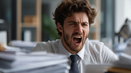 Faceless furious office worker shouting in chaotic workspace heavily defocused cluttered paperwork background anonymous employee overwhelmed by stress intense emotional outburst