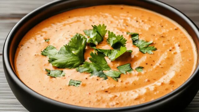 Creamy tomato soup creamy tomato bisque creamy tomato soup garnished with cilantro garnish bowl