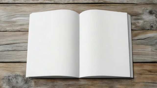 Blank open book wooden table with gentle motion and inviting calm page turn paper notebook blank