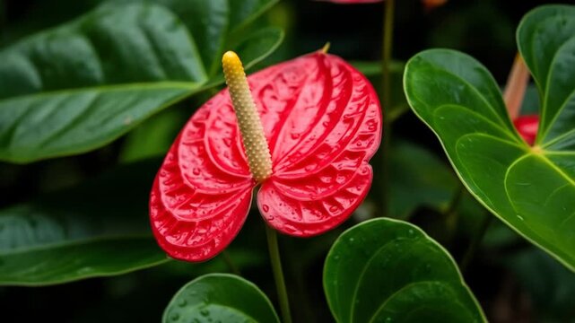 Vibrant Red Anthurium Flower Blooming Amidst Lush Green Leaves.