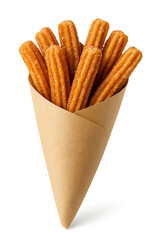churros stacked inside a brown paper cone isolated on white background representing traditional spanish dessert street food snack concept