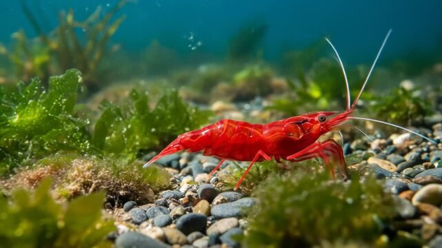 Vibrant Red Cherry Shrimp Swimming Gracefully Underwater Amidst Lush Green Aquatic Plants.
