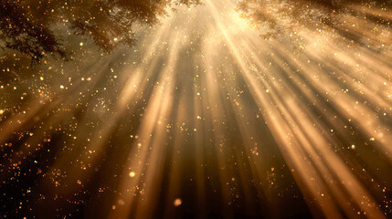Golden sunlight beams streaming through tree branches illuminating floating dust particles creating a magical forest atmosphere at dawn or dusk