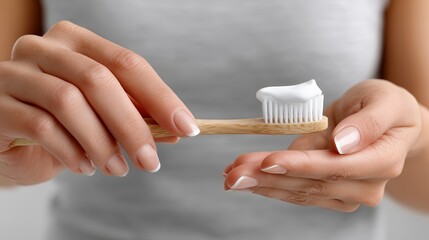 Woman holds wooden toothbrush and toothpaste in morning routine