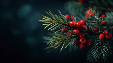 Close view of evergreen branches with red berries against a dark background. The scene captures the essence of winter and holiday season with natural elements.