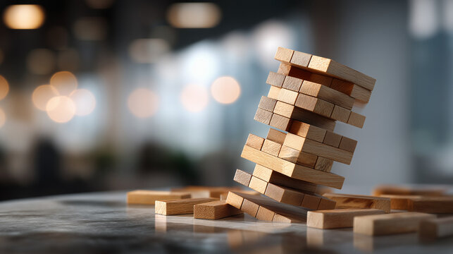 Jenga tower falling into different sides defocused background symbolic business instability organizational collapse metaphor strategic failure visualization risk management