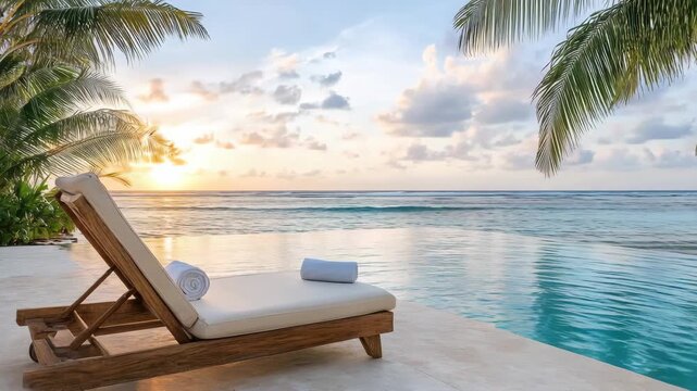 Tropical sunset ocean lounge chair pool palm tree relaxing peaceful poolside calm luxury