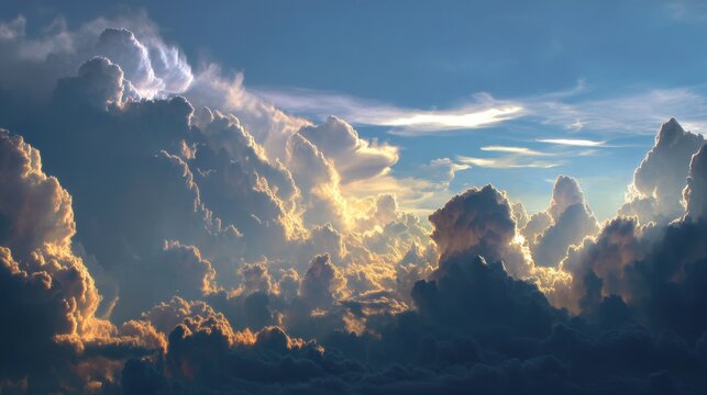 Fluffy clouds are visible in the sky during sunset. The light shines through the clouds creating interesting shapes and colors. The scene shows a beautiful evening sky.