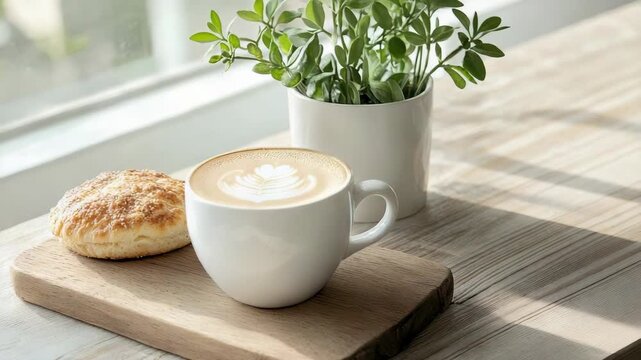 Cozy latte coffee cup with latte art and biscuit wooden board near window, scone and toasted bun