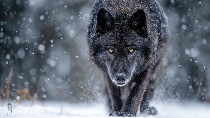 Intense wild black wolf walking through a snowy forest landscape with falling snowflakes creating a mysterious and captivating winter scene