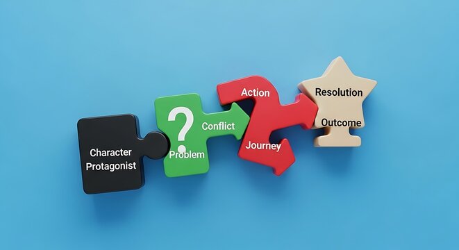 Storytelling Puzzle Pieces Illustrating Narrative Arc and Protagonist Journey.