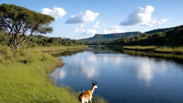 Springbok reflection riverbank grassland savanna blue sky with acacia tree grazing peacefully