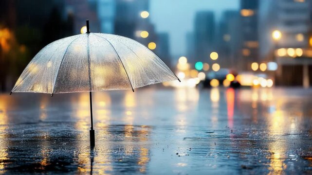 Umbrella rain night city bokeh reflection transparent umbrella wet city street with glowing soft