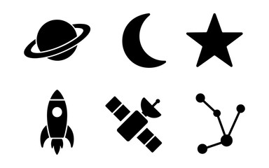 Black and white space icons including planets, stars, and a rocket ship