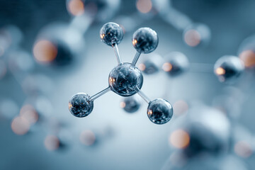 Abstract scientific illustration of interconnected shiny molecular structures representing chemical compounds and atomic bonds in a futuristic environment