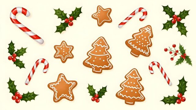Festive Christmas Gingerbread Cookies and Candy Canes with Holly Decorations.